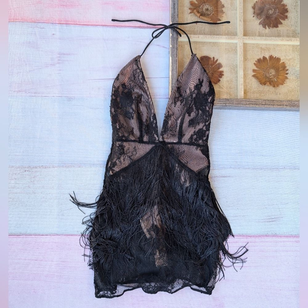 White Fox Black Women Like Me Lace Fringe Sheer‎ Mini Dress XS Halter Festival